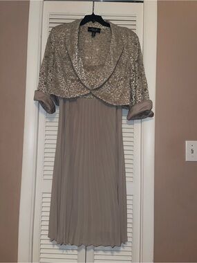 Alfani Taupe Pleated Midi Dress with Embroidered Bolero Jacket